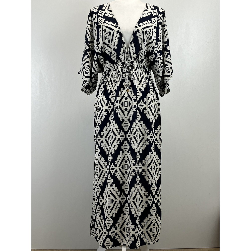 Tory Burch Plunging Vneck Maxi Dress Sz M VGUC Side Slits Gathered Waist Coverup
